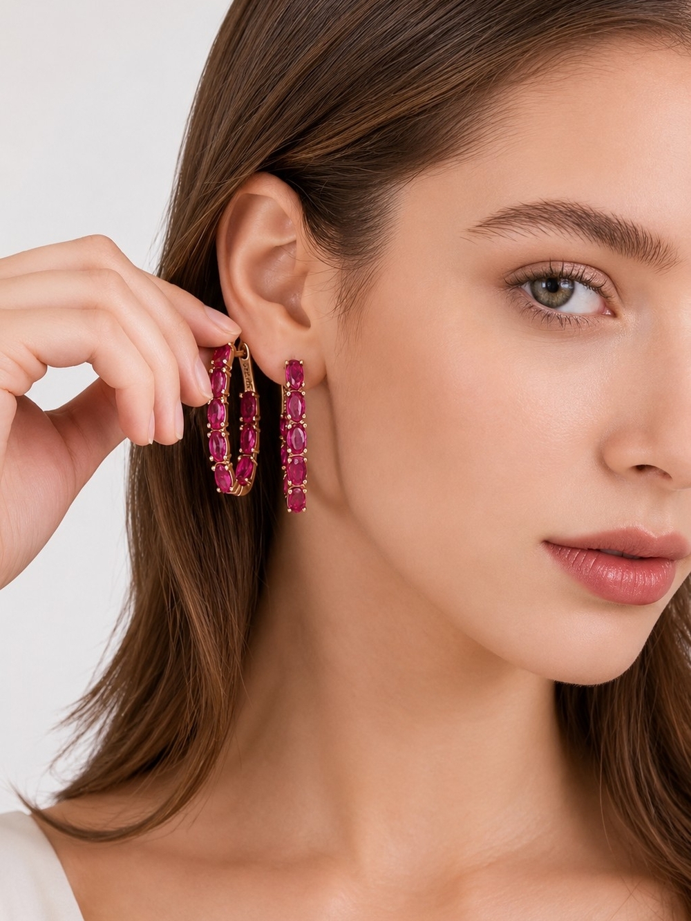 Rose Gold Plated Hoop Earrings with Red Zircon Stones
